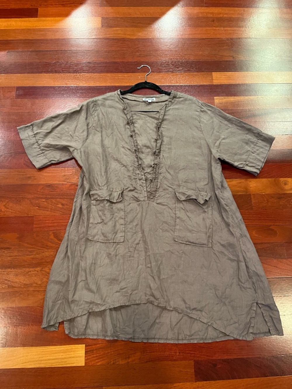 100% Lin Blanc Women’s Linen Tunic with Front Pockets - Brown Lagenlook